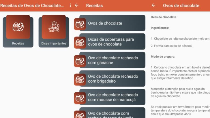 Tela das principais funções do app Receitas de Ovos de Chocolate