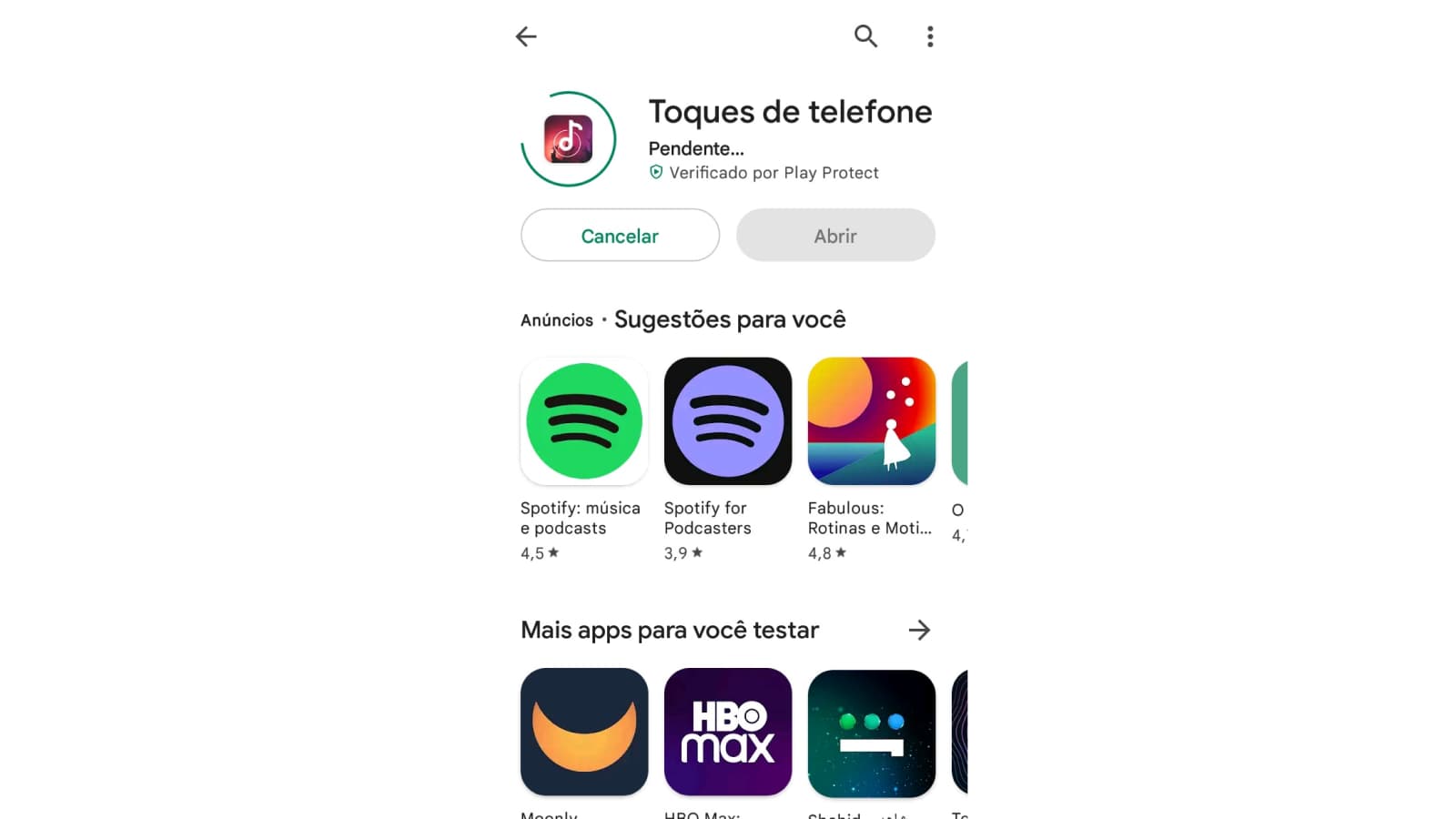 Tela de download de Toques de telefone na Play Store