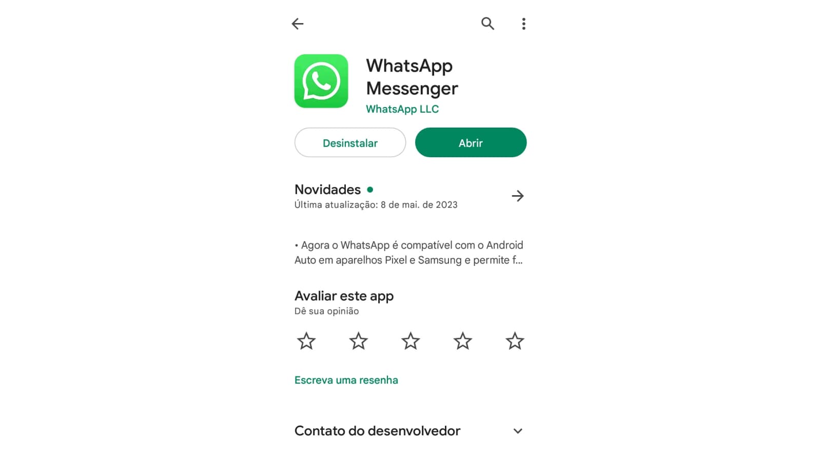 Tela de download do WhatsApp na Play Store