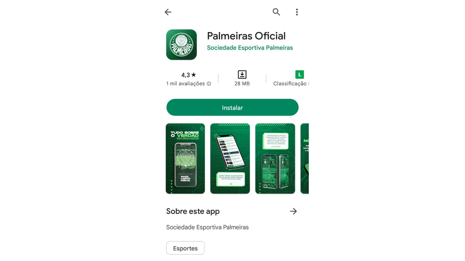 Tela do aplicativo do Palmeiras na Play Store