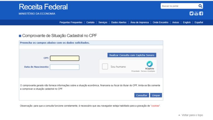 Tela inicial de consulta CPF Receita Federal