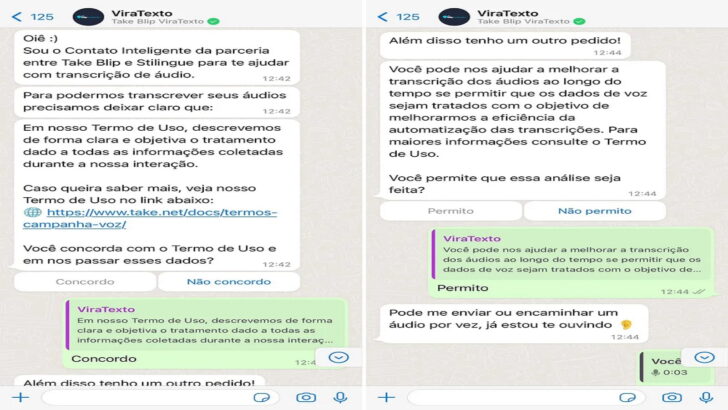 O serviço "ViraTexto" é um chatbot disponível no WhatsApp capaz de receber áudios e respondê-los com mensagens de texto. 